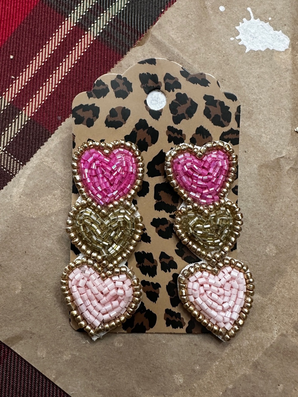 Beaded Heart Drop Earrings - Pink and Gold
